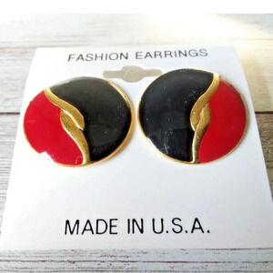 NWT Vintage 1980s Black, Red & Gold Art Deco Circle Earrings